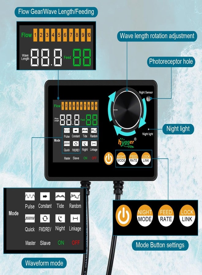 هايغر جهاز هيغر الذكي لصنع الأمواج لأحواض السمك، مضخة تدوير المياه المالحة والعذبة قابلة للتعديل بستة أوضاع: موجات/ليلي/تغذية/اتصال لاسلكي، حامل مغناطيسي، شاشة عرض، وحدة تحكم، وظيفة ذاكرة (50 واط). - Image 3